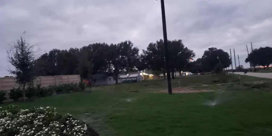Lawn sprinkler system operating at dusk over a green lawn and flower beds in a residential area