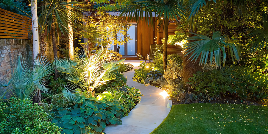 Beautifully lit garden with tropical plants and stone pathway at night.