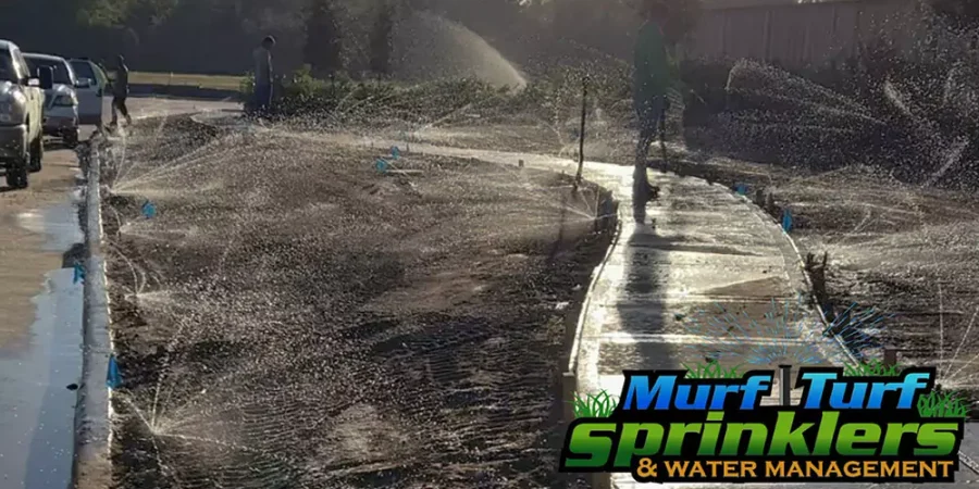 watering in a green landscape with sprinkler system